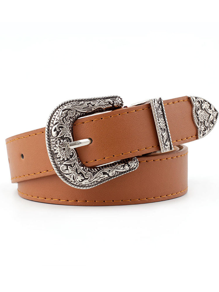 Wisherryy Western Vintage Carved Buckle Basic Belt