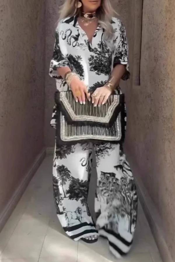 Casual V-neck printed short-sleeved top and wide-leg pants set