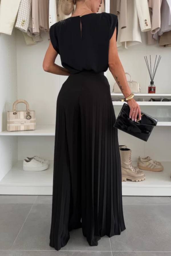 Fashionable Round Neck Shoulder Pads Top and Elastic Waist Pleated Wide-leg Pants Set
