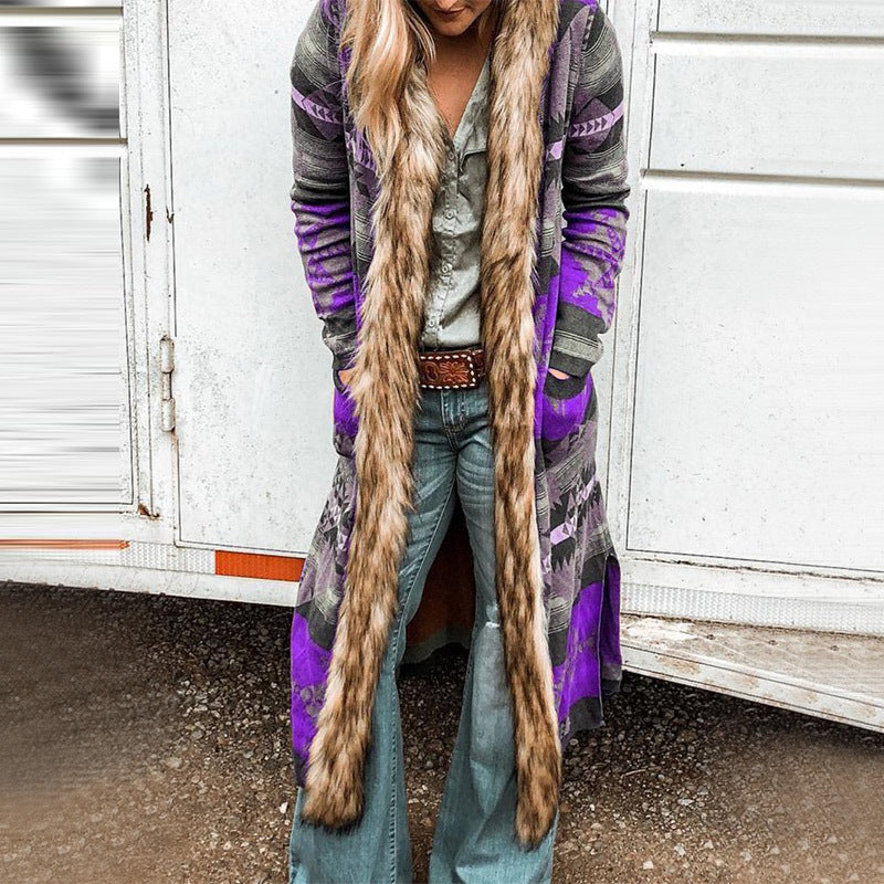 Western Style Retro Fur Collar Long Cardigan Jacket