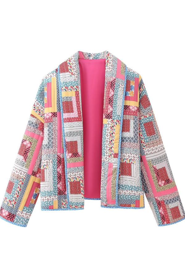 Loose Cardigan Quilted Colorblock Plaid Cotton Jacket