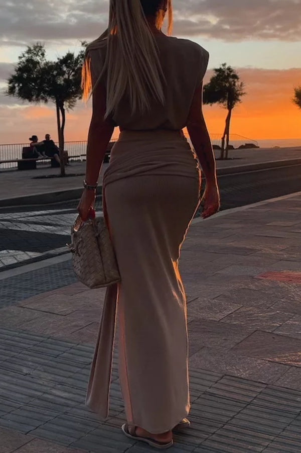 Comfortable Stylish Round Neck Sleeveless Casual Top and Elastic Waist Ruched Tie Slit Midi Skirt Set