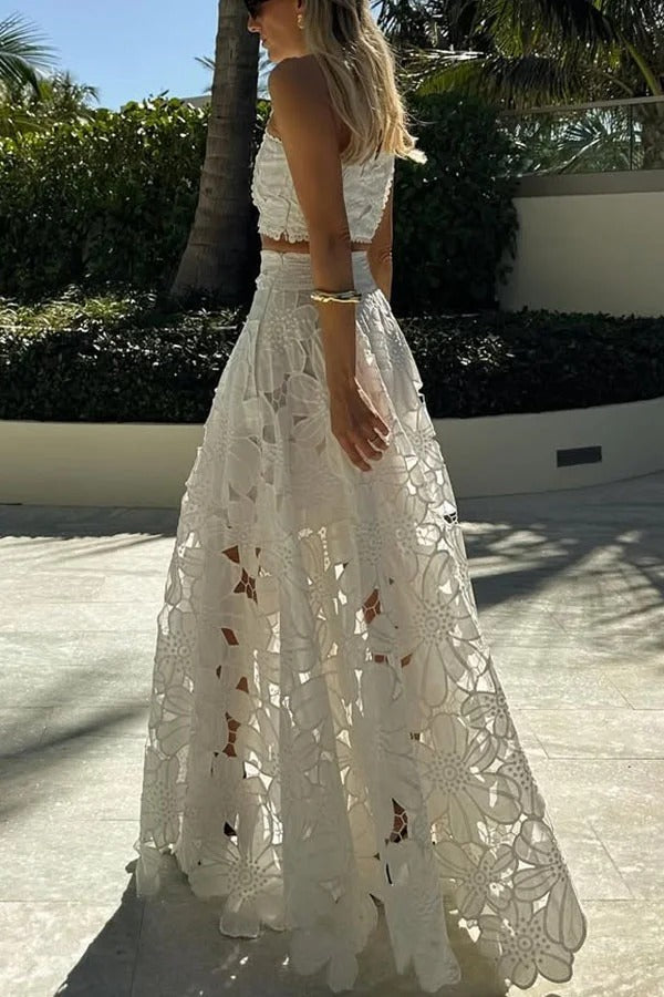 Next Trip Floral Embroidery Crochet Lace Elastic Waist Pocket Maxi Skirt