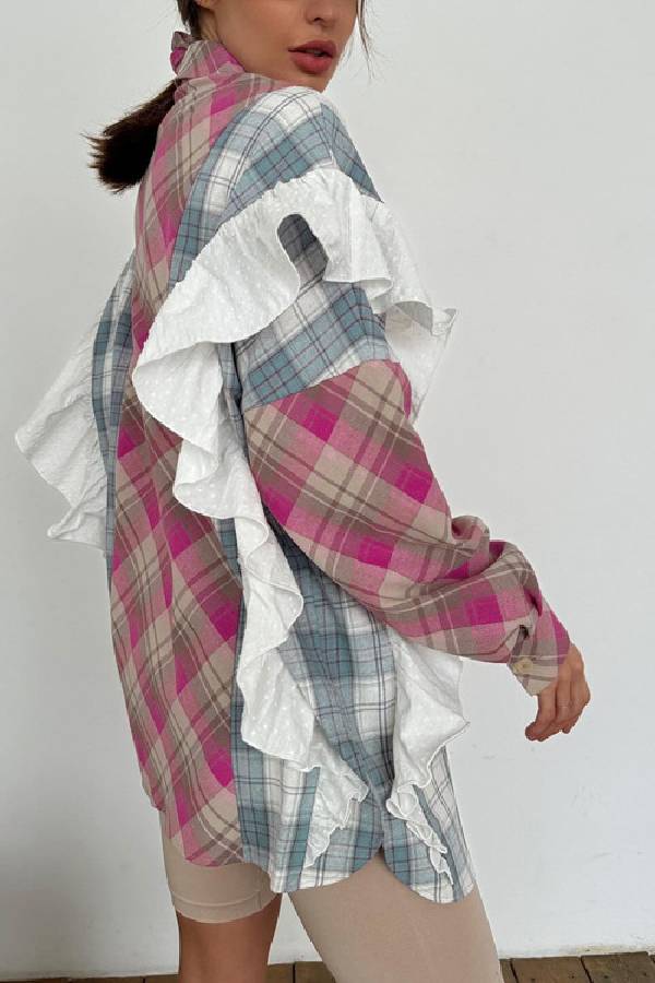 Sky Blue Plaid Print Patchwork Ruffle Shirt