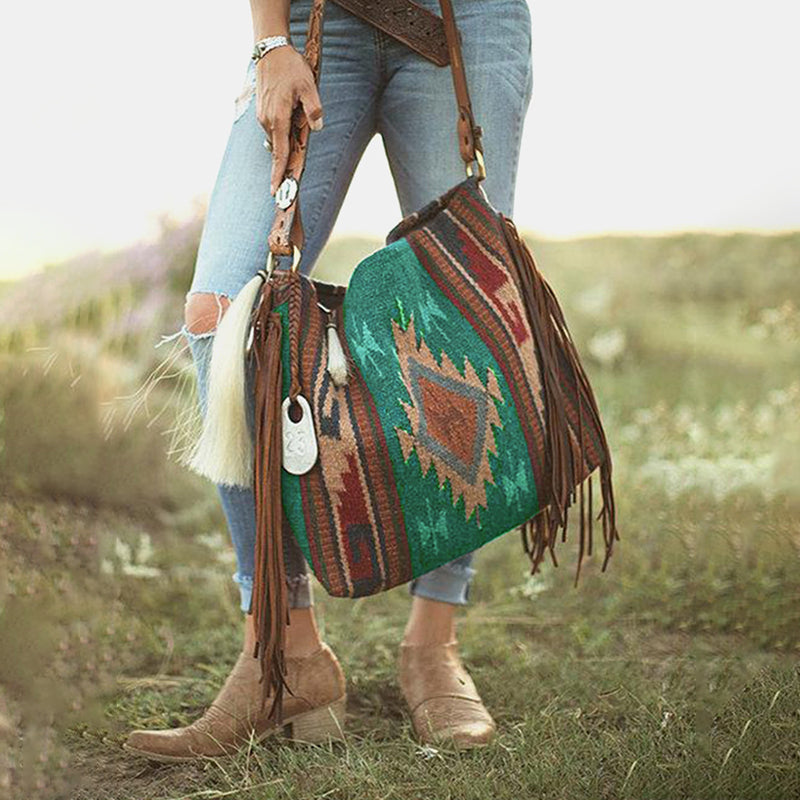 Wisherryy Women's Vintage Print Fringe Shoulder Bag