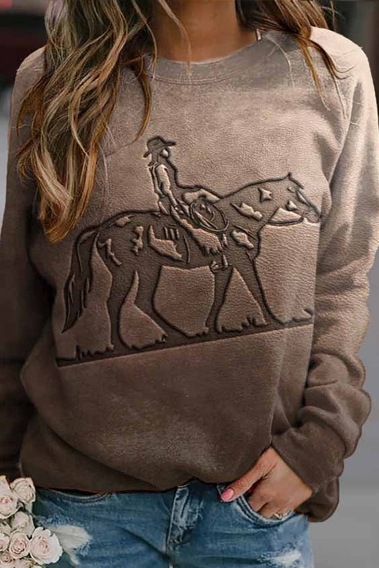 Vintage Western Horse Print Crew Neck Long Sleeve Sweatshirt