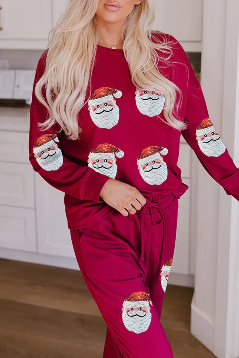 Casual Party Santa Claus Christmas Tree Candy Sequins Lace Up O Neck Long Sleeve Two Pieces