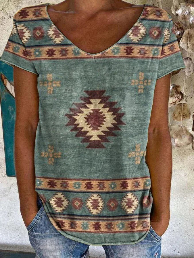 Women's Vintage Aztec Print Casual V-Neck Tee.