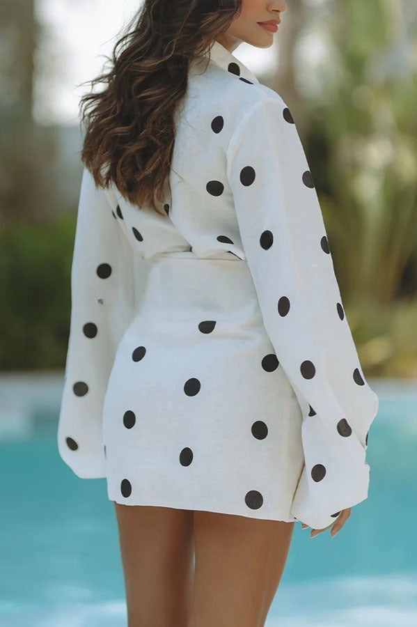 Effortlessly Linen Blend Polka Dot Balloon Sleeve Blouse and Wrap Tie-up Loose Mini Skirt Set