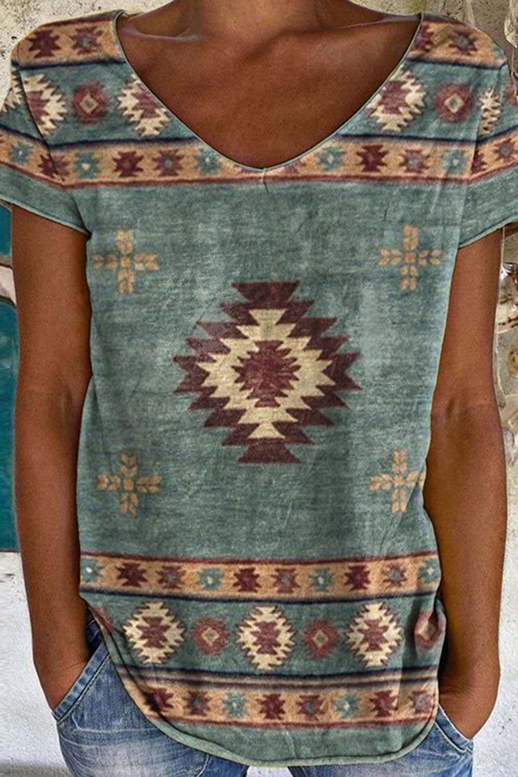 Wisherryy Western V Neck Print Short Sleeve T-Shirt