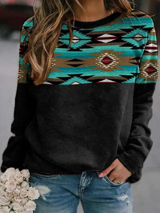 Women's retro western ethnic geometric print sweatshirt.