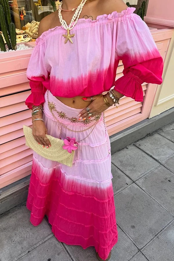 Fashionable Gradient Off Shoulder Long Sleeve Top and Resort Style Spliced Maxi Skirt Set
