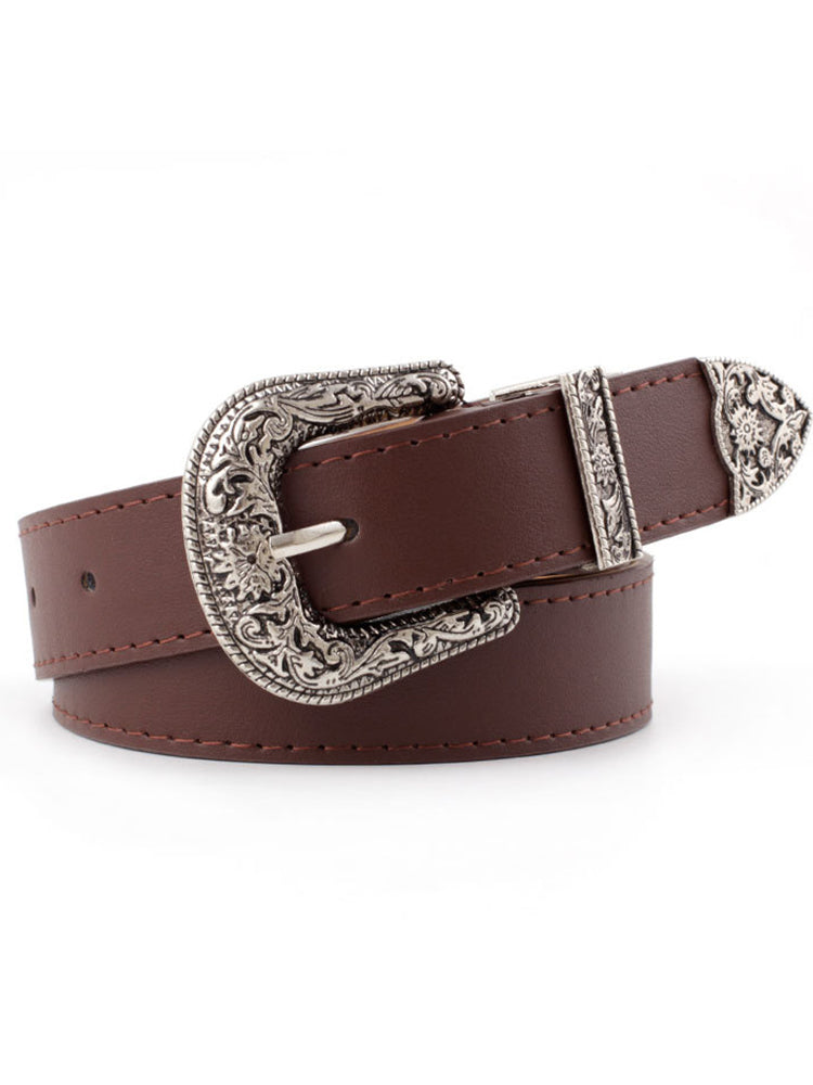 Wisherryy Western Vintage Carved Buckle Basic Belt