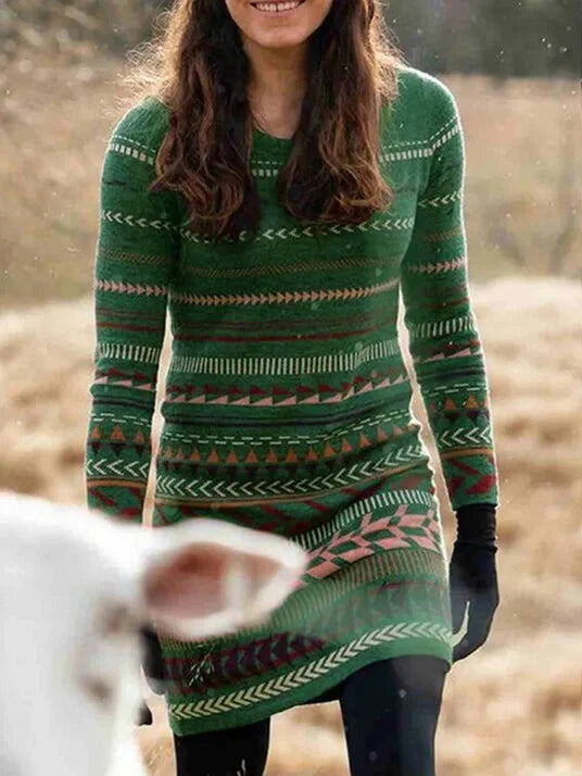 Retro Ethnic Striped Sweater Women's Round Neck Sweater.