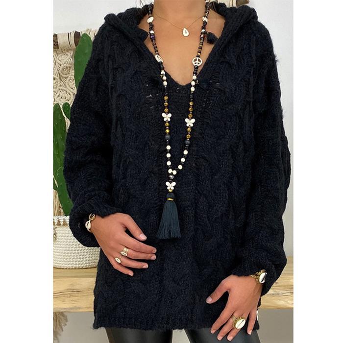 Pure Color Twist Knit Hooded Sweater