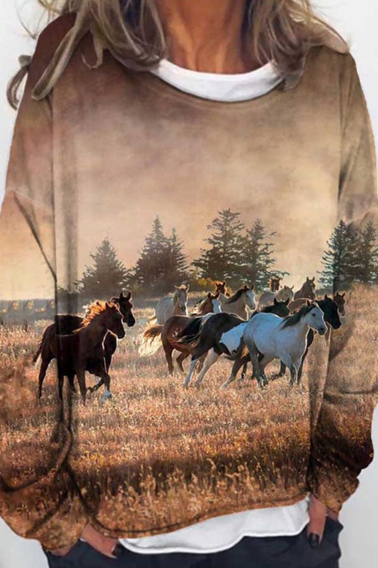 Western Horse Print Crew Neck Loose Casual Sweatshirt