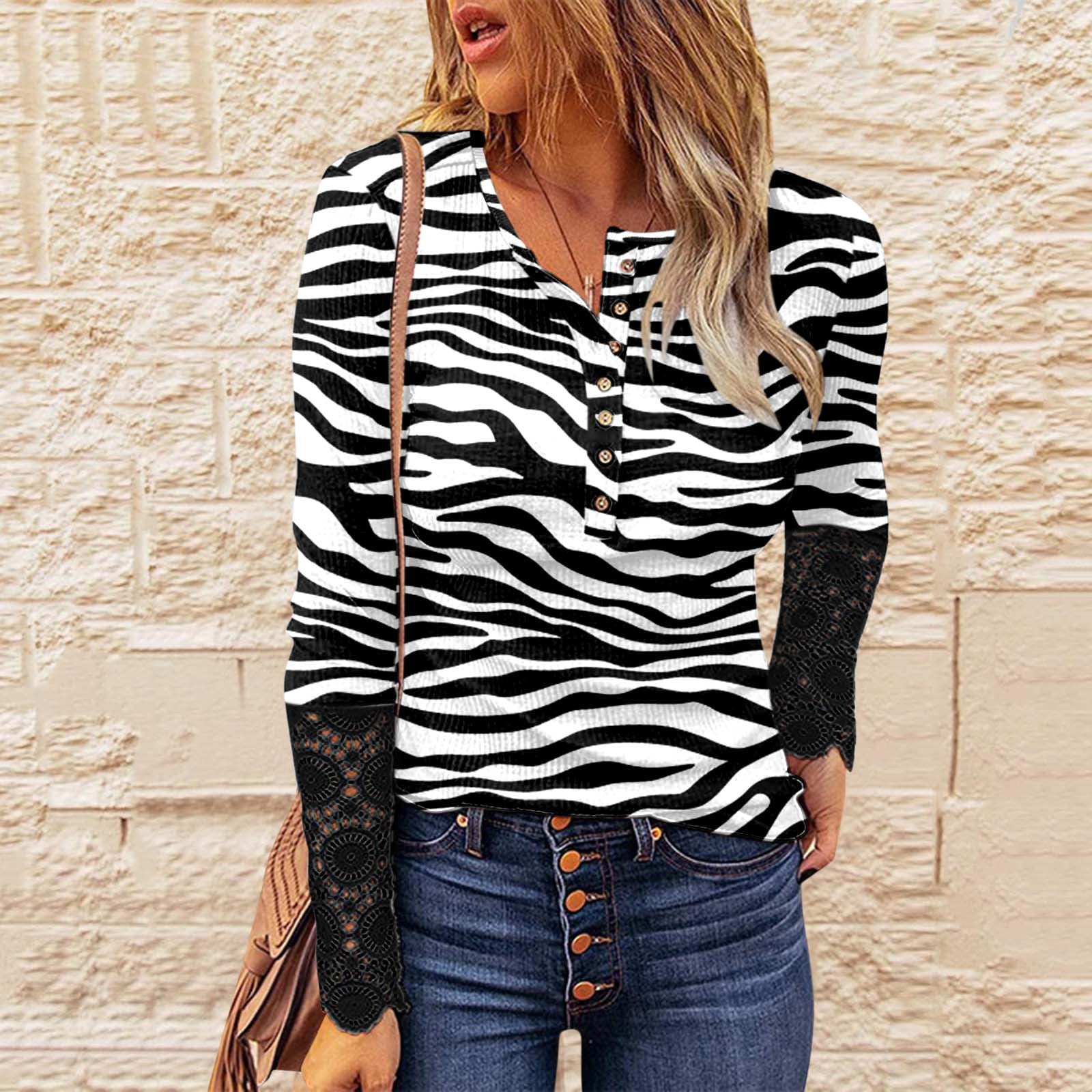 Zebra Print Lace Paneled Long Sleeve T-Shirt
