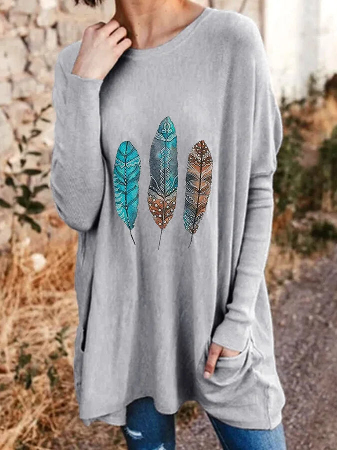 Women's Aztec Feather Casual Long-Sleeved T-Shirt.