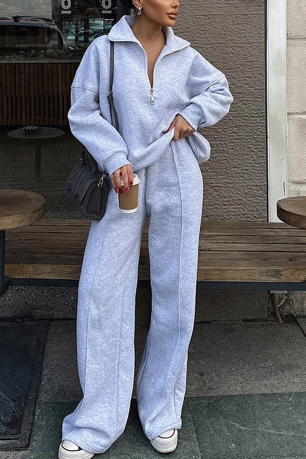 Stylish Half-open Zipper Pullover Sweatshirt and Elastic Waist Wide Leg Pants Set