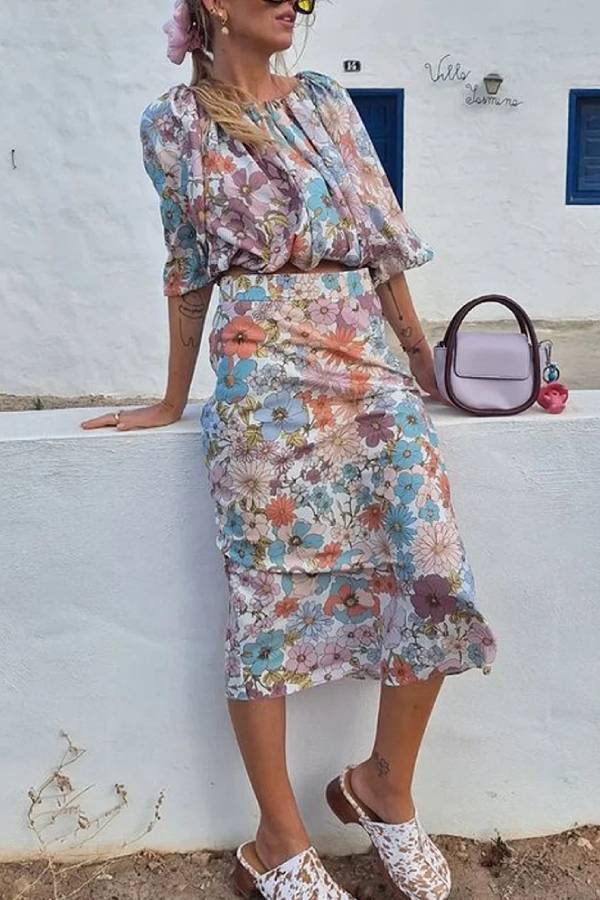 Holiday Floral Print Top & Skirt Two-Piece Set