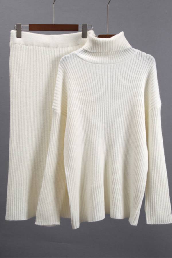 Turtleneck Ribbed Loose Sweater & Knit Midi Skirt Two‑Piece Set