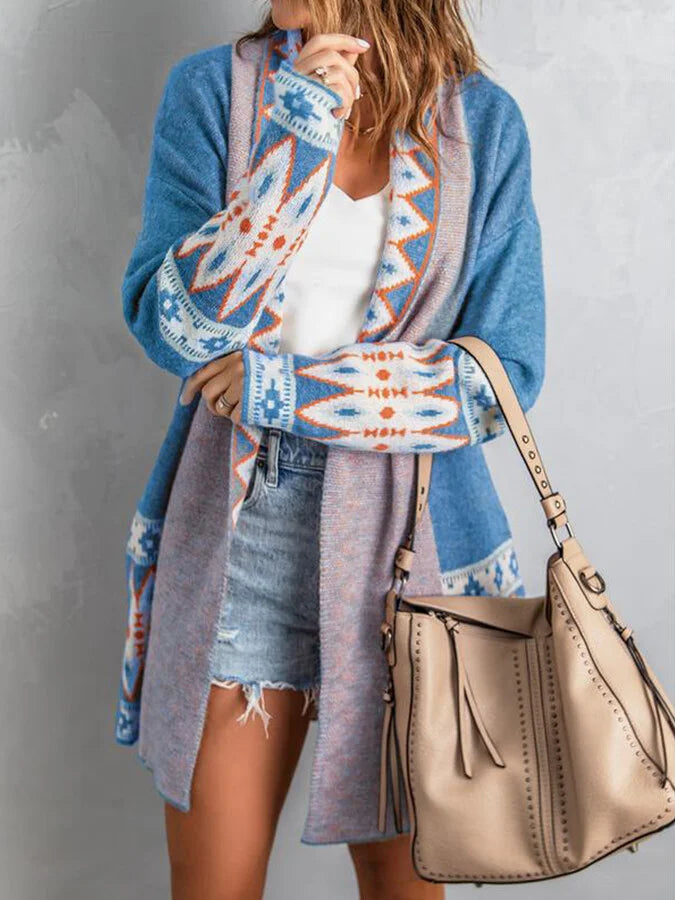 Women's ethnic style AZTEC printed loose knit cardigan.