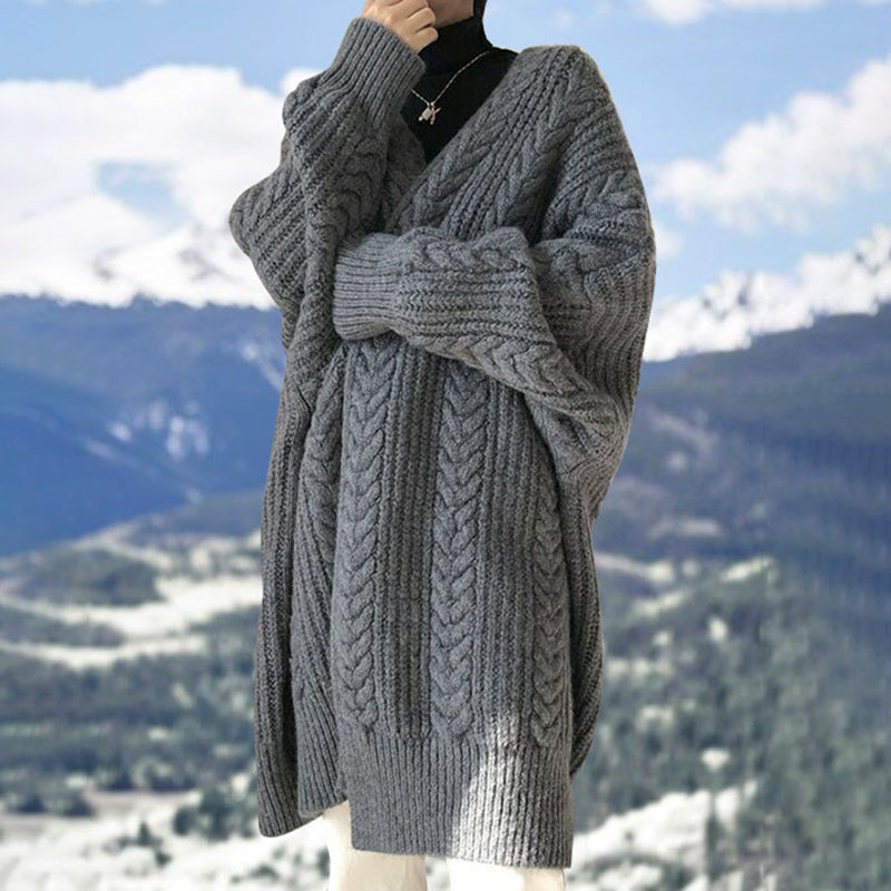 V-Neck Solid Color Mid-Length Sweater Cardigan