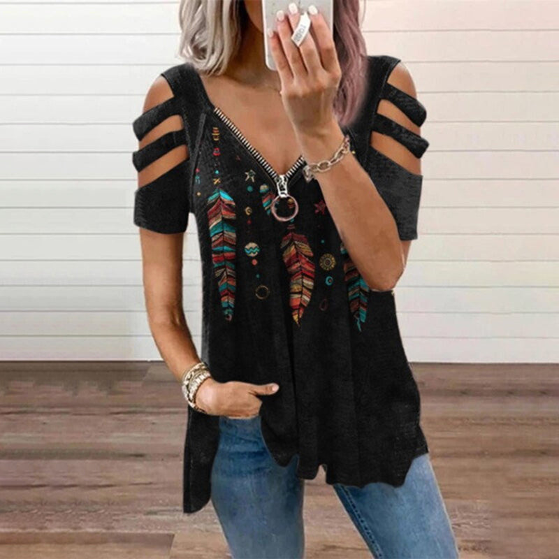 Wisherryy Cutout Feather Print Long Sleeve T-Shirt