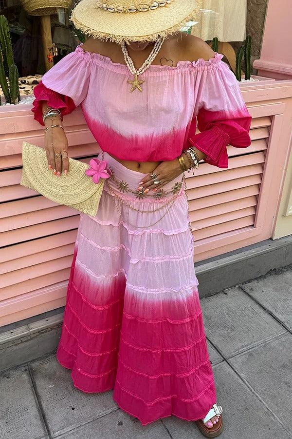 Fashionable Gradient Off Shoulder Long Sleeve Top and Resort Style Spliced Maxi Skirt Set