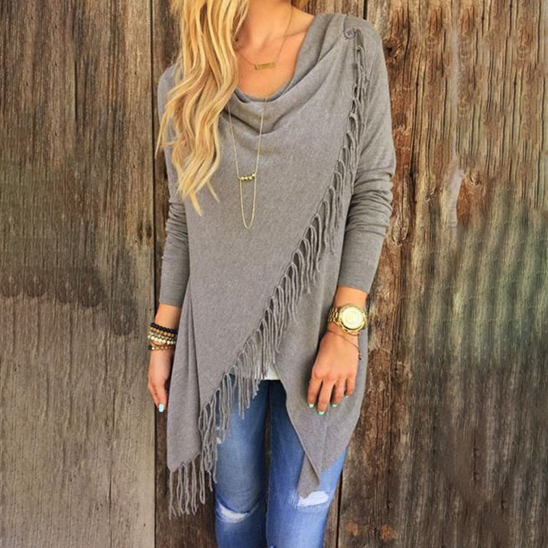 Wisherryy Solid Color Casual Fringe Long Sleeve T-Shirt