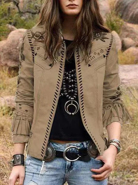 Vintage Western Style Long Sleeve Print Tassel Coat.