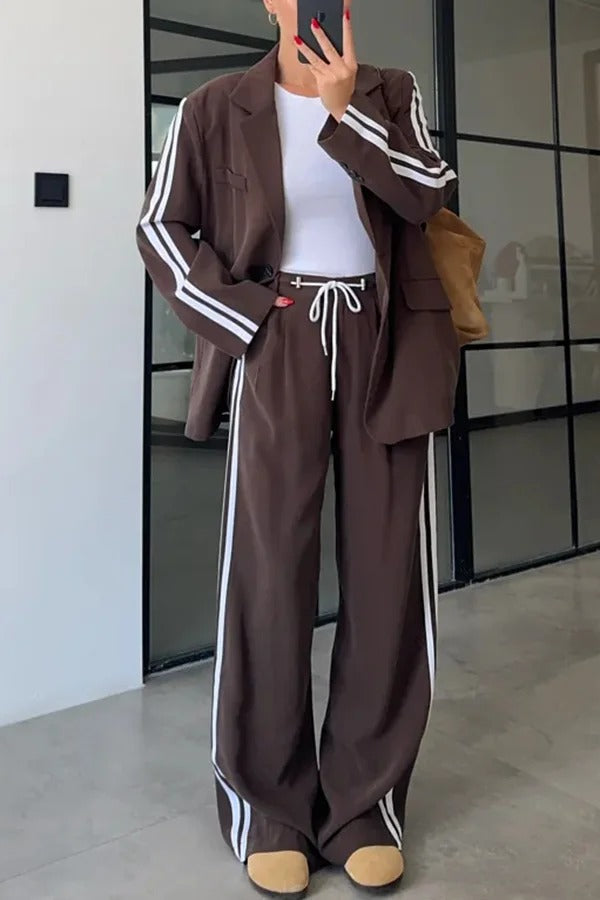 Levvie Striped Trim Long Sleeve Lapel Blazer and Rope Belt Pocketed Wide Leg Pants Set