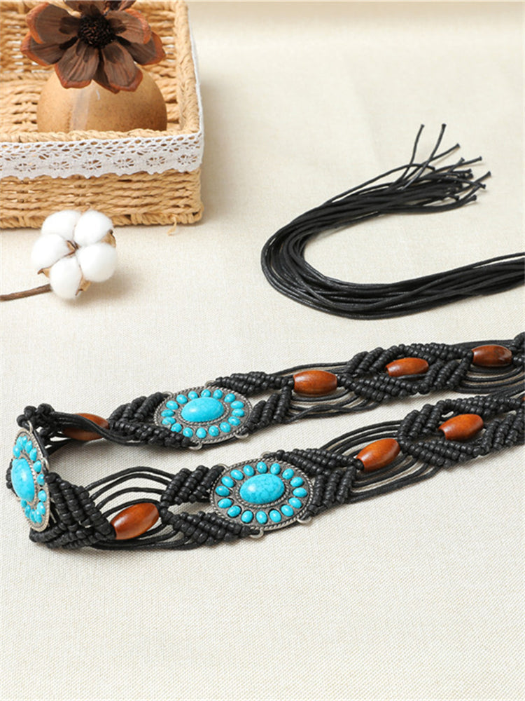 Wisherryy Western Turquoise Hand Woven Beaded Belt