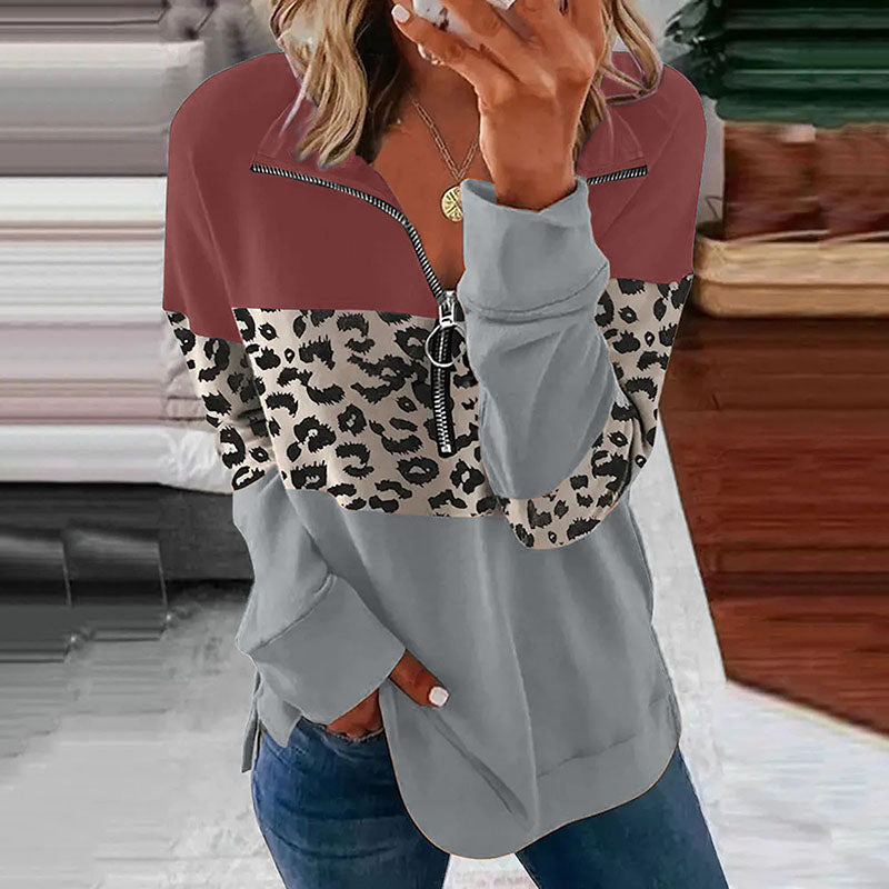 Leopard Panel V-Neck Long Sleeve Sweatshirt