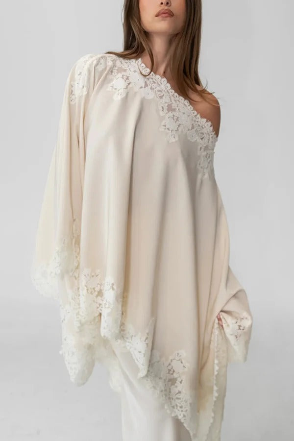 Like A Swan Lace Trim Off Shoulder Cape Top and Elastic Waist Draped Maxi Skirt Set