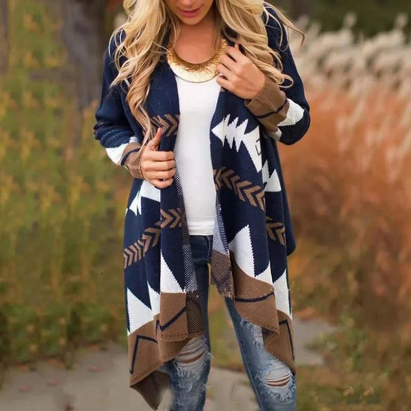 Fashion Vintage printed shawl cardigan medium length sweater