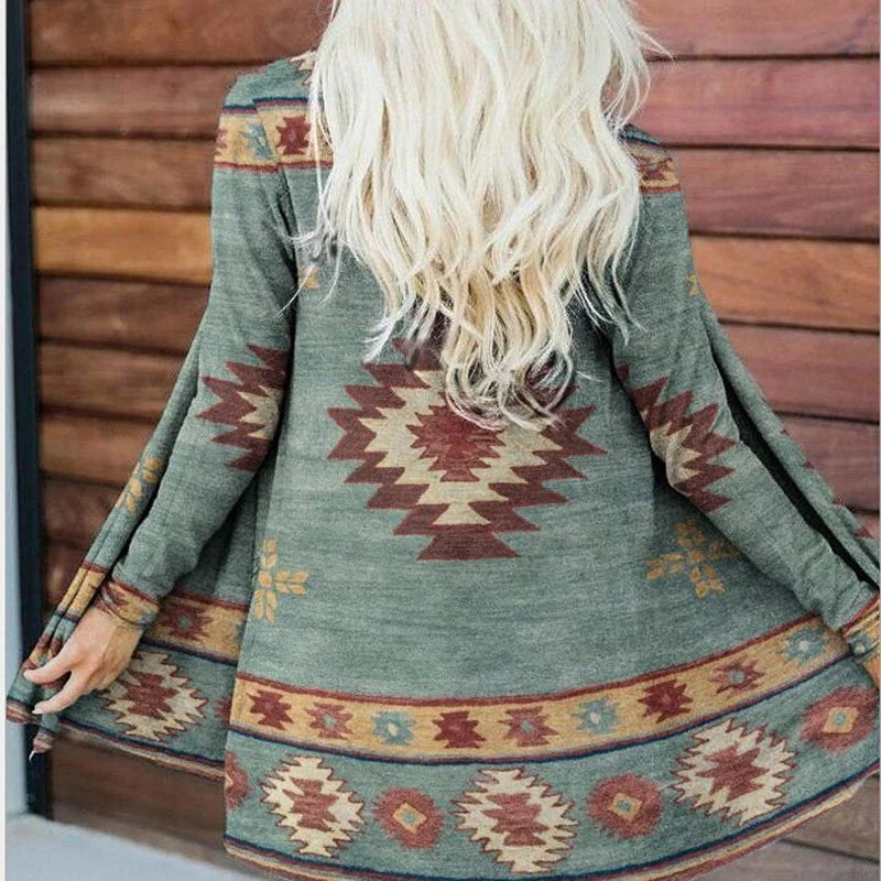 fashion Vintage printed long sleeved cardigan coat
