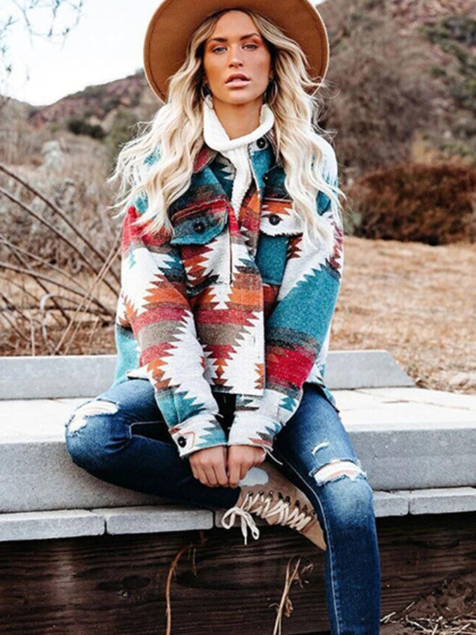 Women's AZTEC retro ethnic geometric print woolen loose coat.