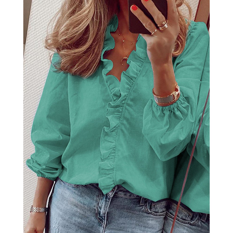 Wisherryy Casual Fashion Long-sleeved Ruffle Shirt