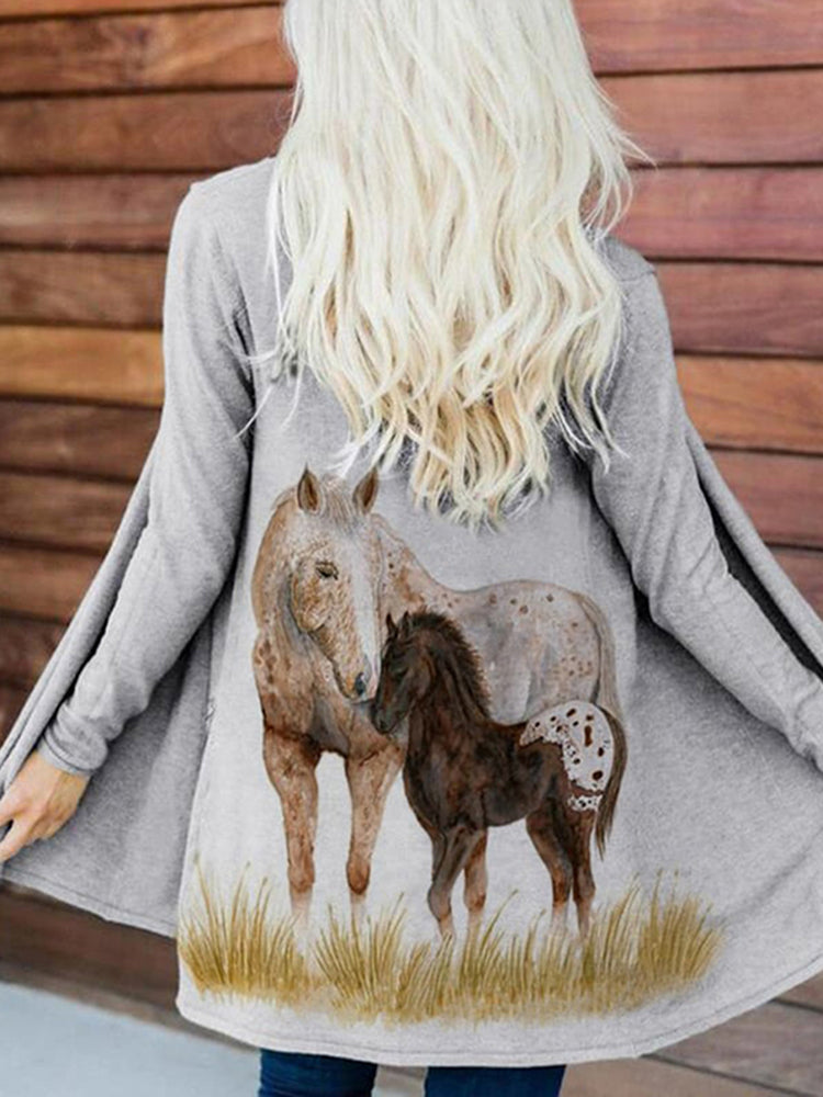 Western Horse Print Casual Long Sleeve Cardigan