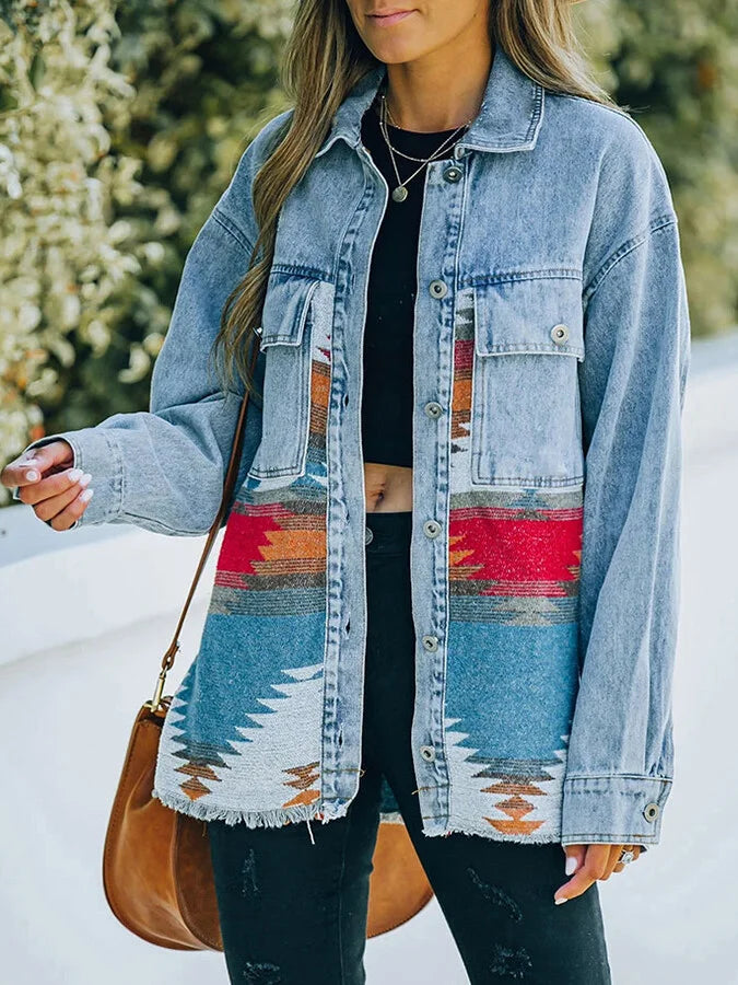 Women's western style aztec print stitching denim jacket.