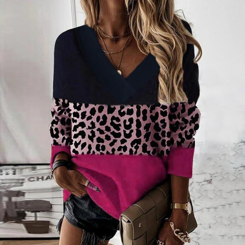 Leopard Panel V-Neck Long Sleeve T-Shirt