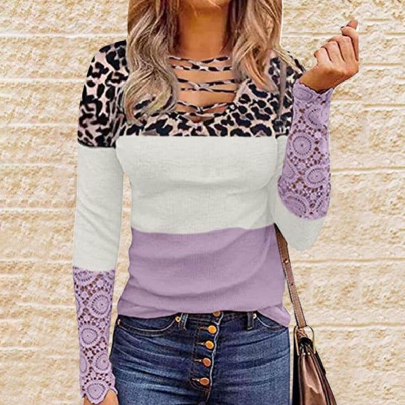 Leopard Print Lace Panel Striped Casual T-Shirt