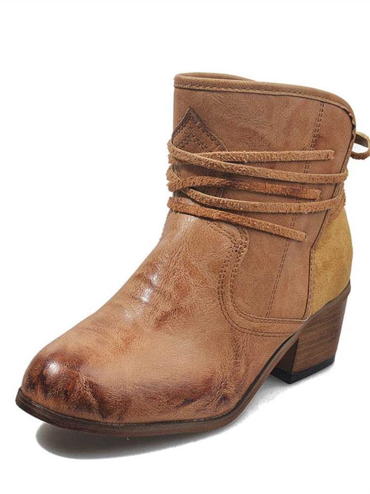 Wisherryy Laced Washed Leather Patchwork Ankle Boots