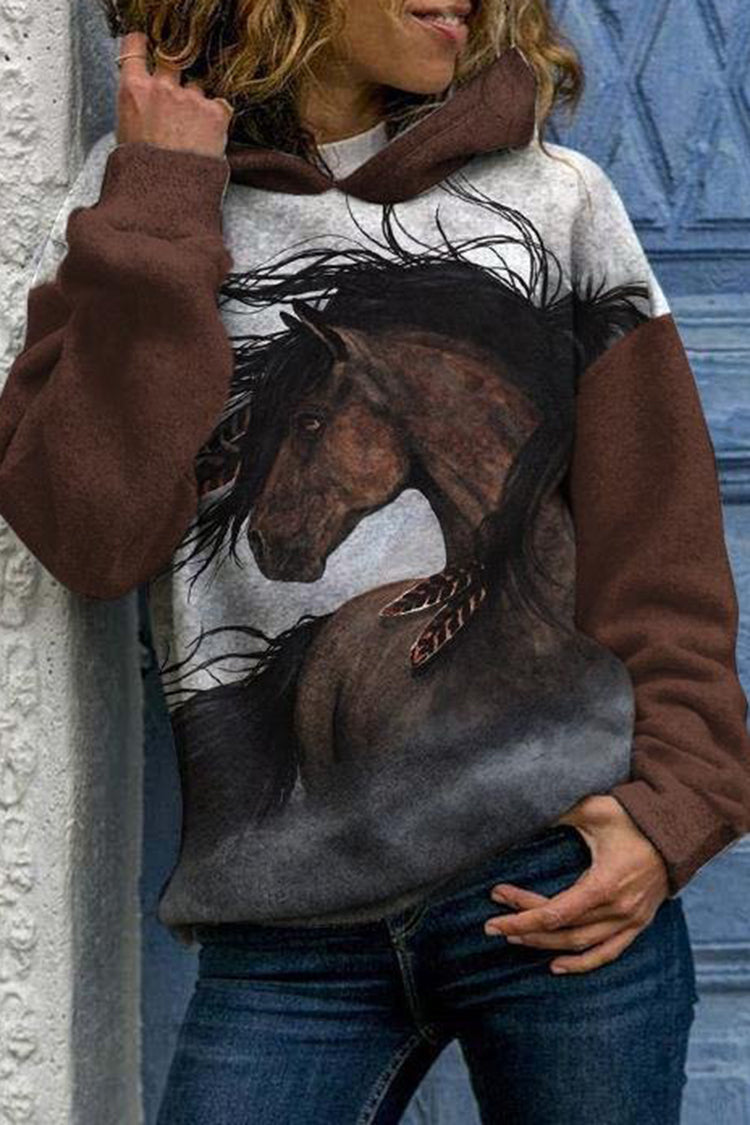 Vintage Horse Print Long Sleeve Hoodie