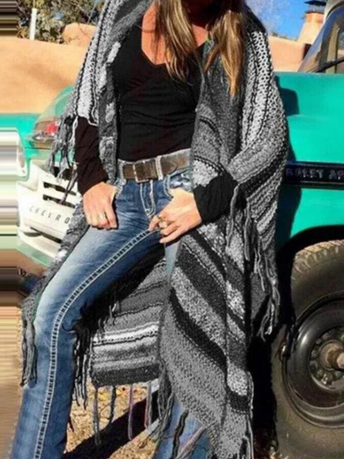 Printed Tassel Cardigan Shawl.