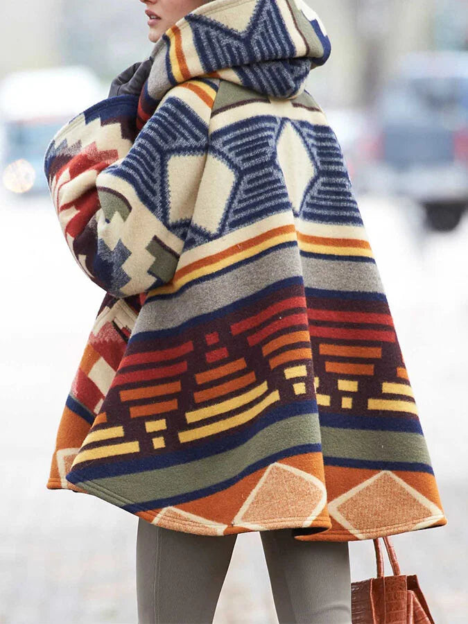 Geometric Print Hooded Woolen Coat.