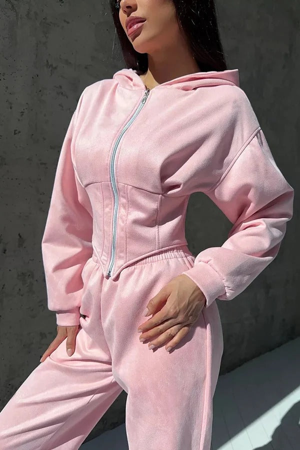 Solid Color Waist Corset Hooded Sweatshirt Jacket and Elastic Waist Athletic Jogger Pants Set
