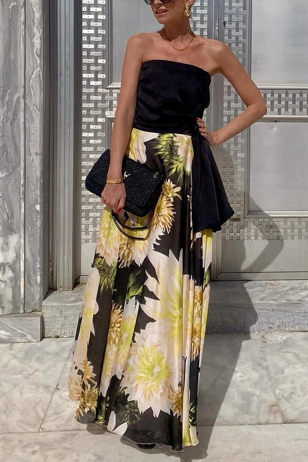 Sexy Bandeau Fit Top and Floral Print Maxi Skirt Set