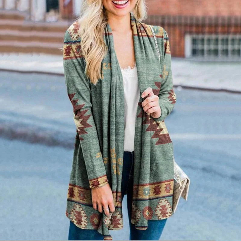 fashion Vintage printed long sleeved cardigan coat